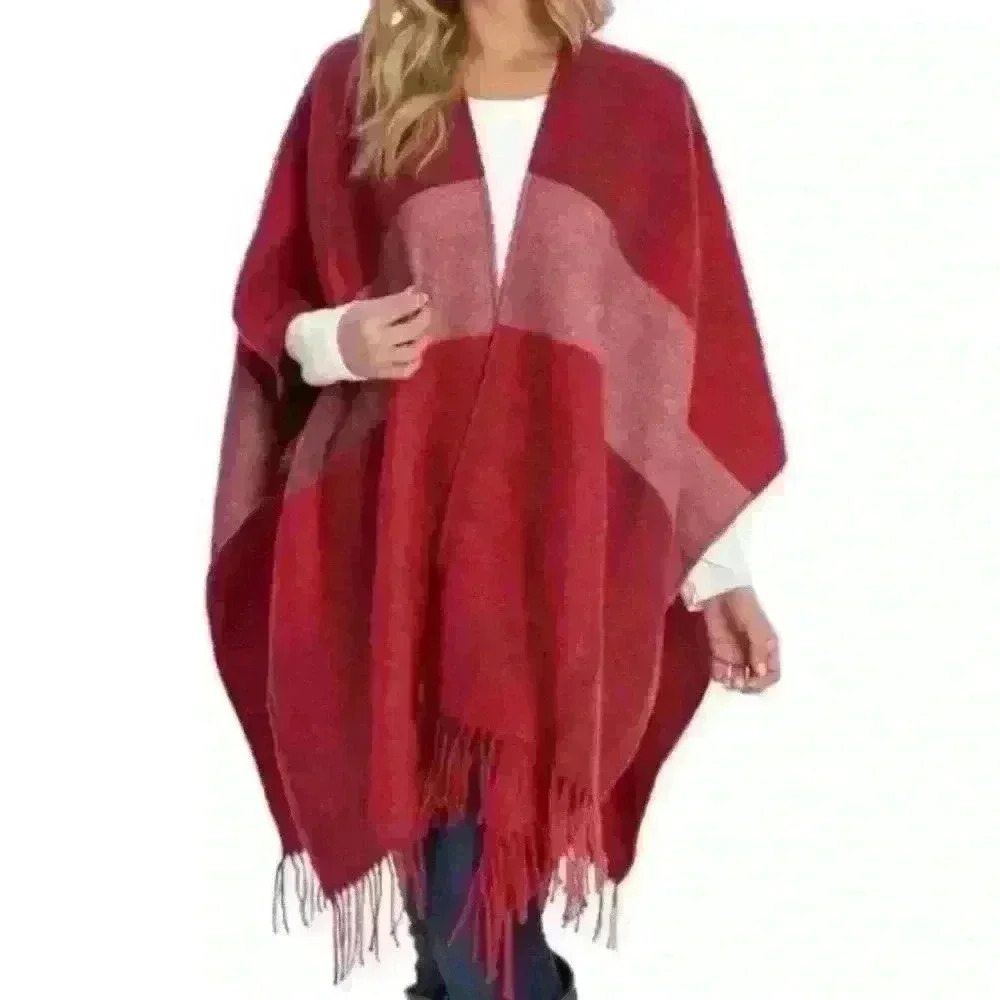 Woolrich Women's One Size Plaid Fringed Shawl Cape Poncho Southwestern Ranch